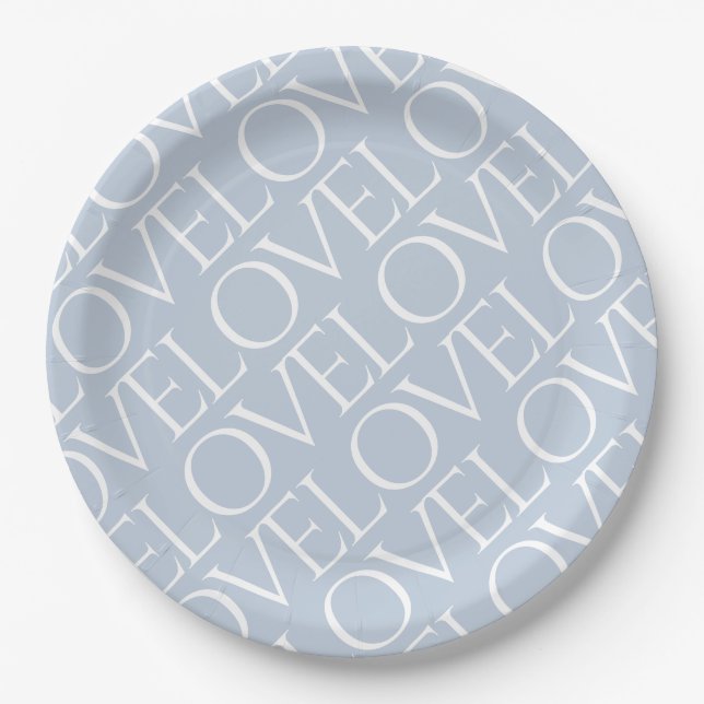 Love Blue Grey Typographic Pattern Paper Plates (Front)