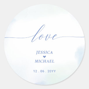 Love Blue Heart & Watercolor Wedding Favour Classic Round Sticker