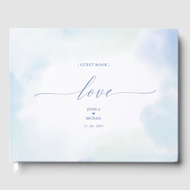 Love | Blue Heart & Watercolor Wedding Guest Book (Front)