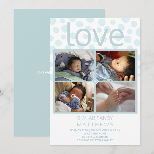 Love Blue Polka Dot 4 Photo Baby Adoption Announcement (Front/Back)