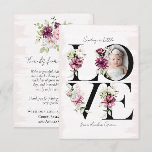 LOVE Blush Floral Baby Girl's Birthday Guest Thank You Card