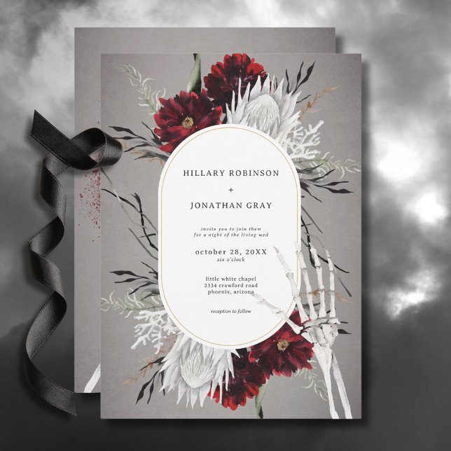 Love & Bones Spooky Red Floral Wedding Invitation (Love & Bones Spooky Red Floral Wedding Invitation)