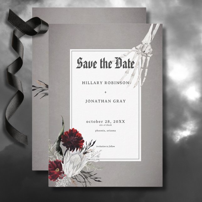 Love & Bones Spooky Red Floral Wedding Save The Date (Love & Bones Spooky Red Floral Wedding Save the Date Card)