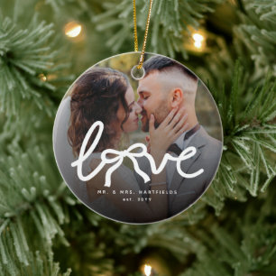 Love Bow Mr and Mrs Custom Couples Wedding 2 Photo Ceramic Tree Decoration