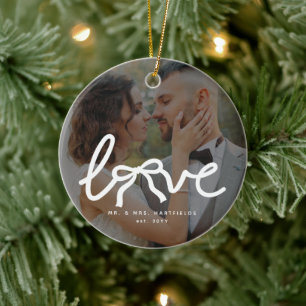 Love Bow Mr and Mrs Custom Couples Wedding Photo Ceramic Tree Decoration