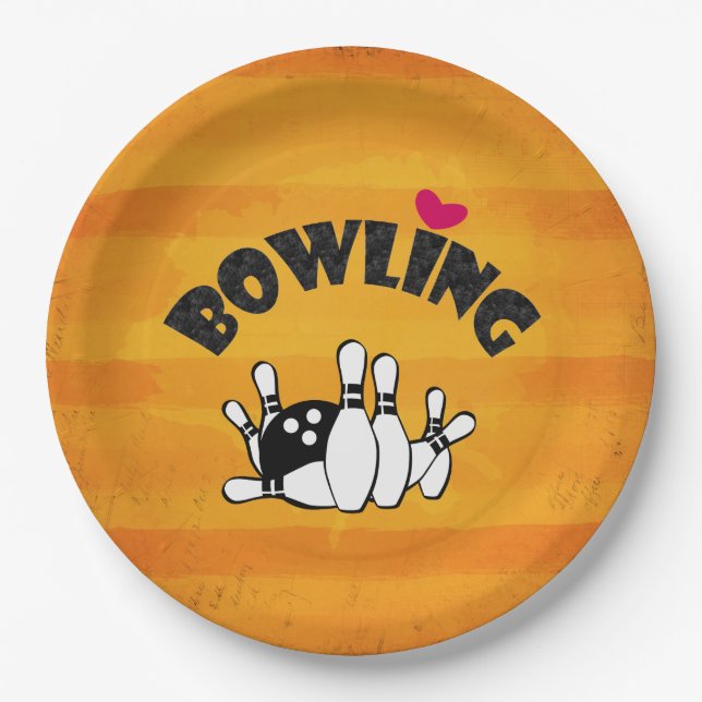 Love Bowling -  B&W Bowling Pins and Ball Paper Plate (Front)