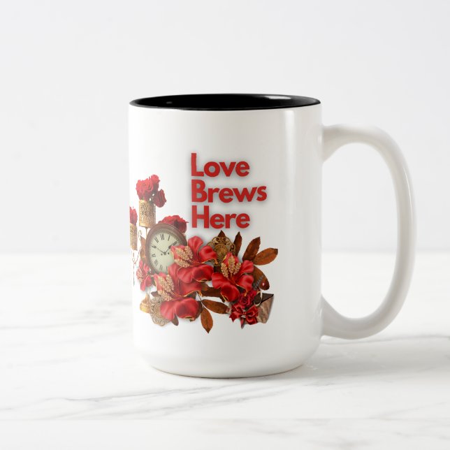 Love Brews Here - Celebrate Love This Valentine's  Two-Tone Coffee Mug (Right)