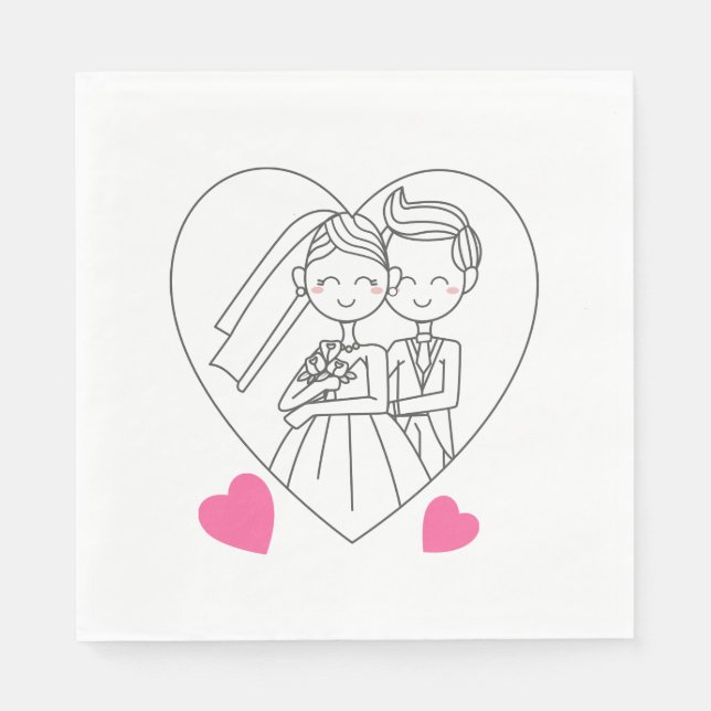 Love Bride And Groom Cartoon Pink Heart Wedding Napkin (Front)
