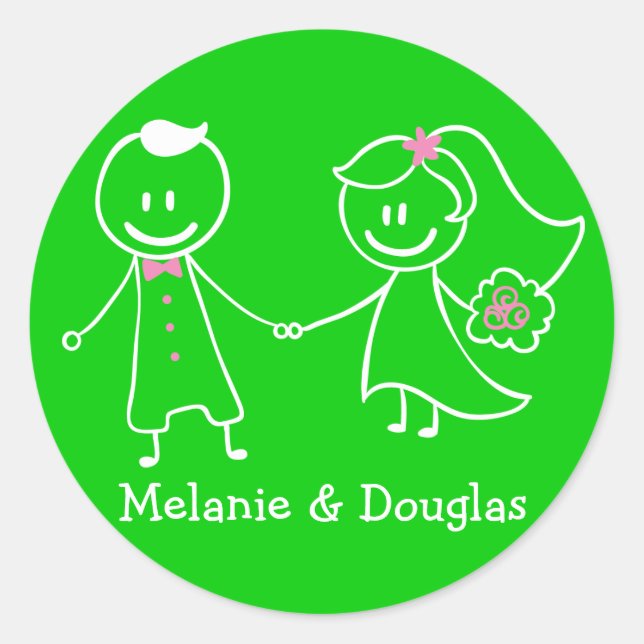Love Bride & Groom Green Personalised Wedding Classic Round Sticker (Front)