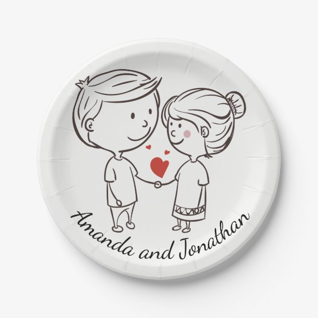 Love Bride, Groom Personalised Black White Wedding Paper Plate (Front)