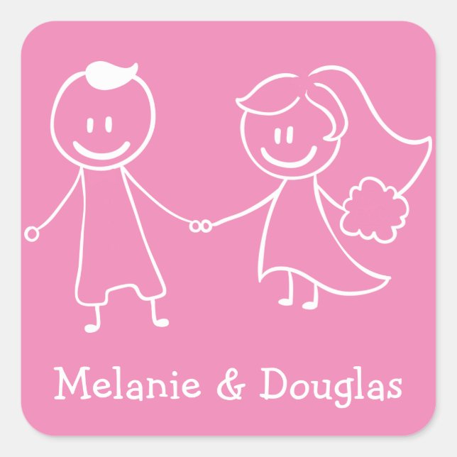 Love Bride & Groom Pink  And White Wedding Square Sticker (Front)