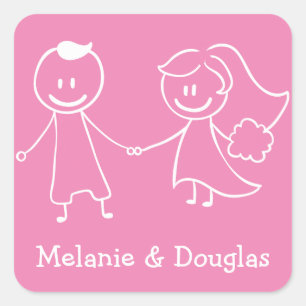 Love Bride & Groom Pink  And White Wedding Square Sticker