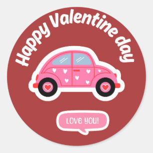 Love Bug Car Happy Valentine's Day Round Sticker