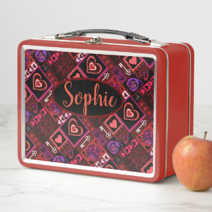 Love Bug & Cute Hearts Pattern custom name Metal Lunch Box