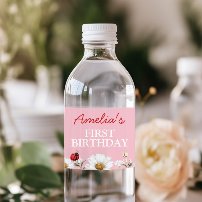 Love Bug Ladybug Daisy Floral Birthday Party Water Bottle Label (Creator Uploaded)