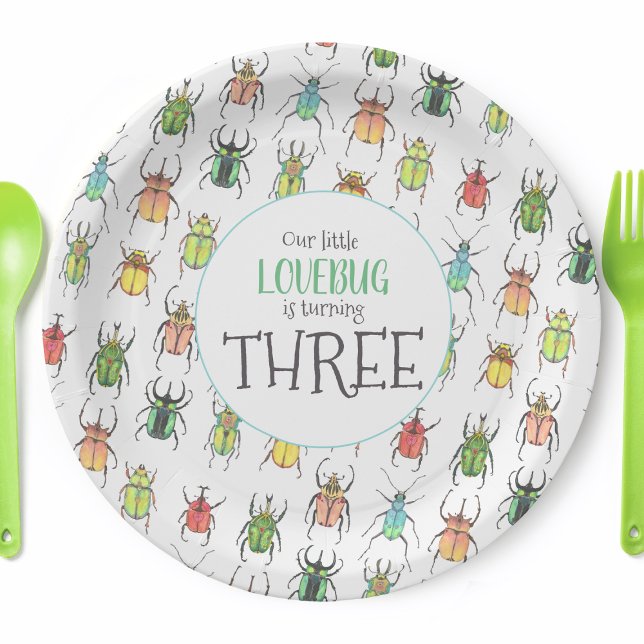 Love Bugs Beetles Kids Birthday  Paper Plate (Personalized Love Bug Party Plates)