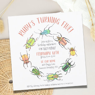 Love Bugs Circle Watercolor Beetles Birthday Invitation