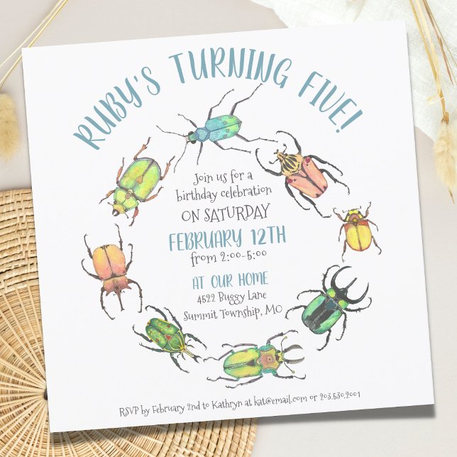 Love Bugs Circle Watercolor Beetles Birthday Invitation (Creator Uploaded)