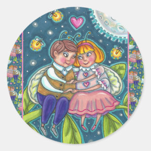 LOVE BUGS, FIREFLIES & FULL MOON, CUTE VALENTINE CLASSIC ROUND STICKER