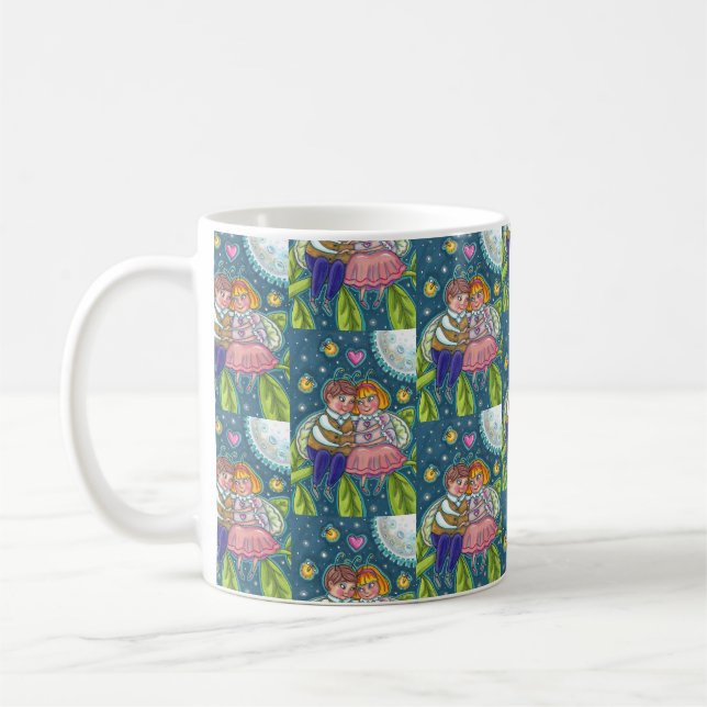 LOVE BUGS, FIREFLIES & FULL MOON, CUTE VALENTINE COFFEE MUG (Left)