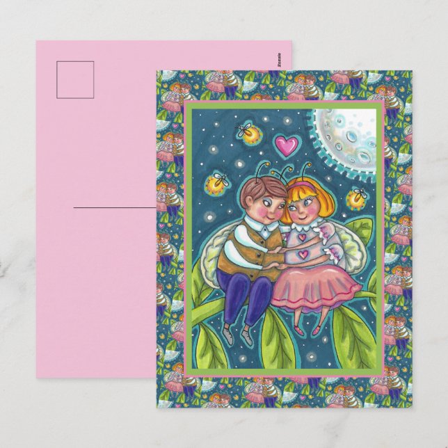 LOVE BUGS, FIREFLIES & FULL MOON, CUTE VALENTINE HOLIDAY POSTCARD (Front/Back)