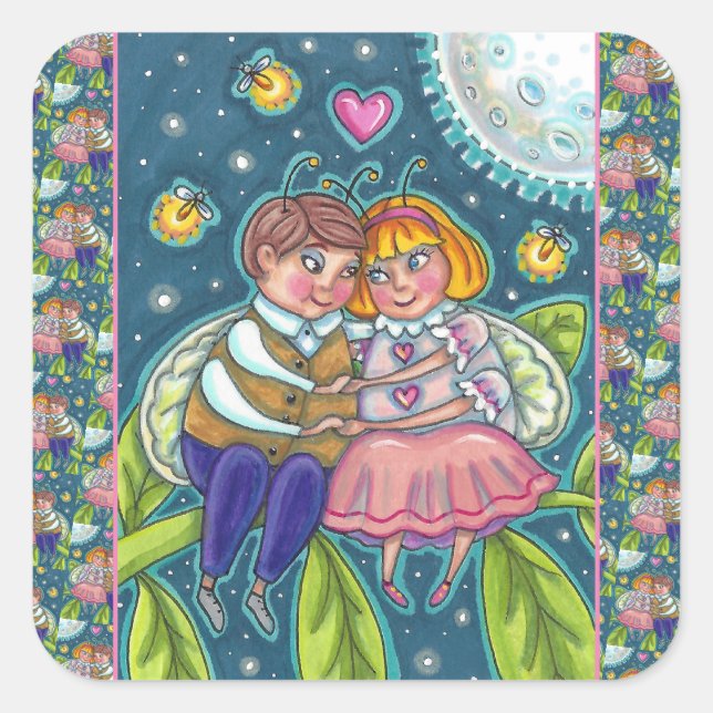 LOVE BUGS, FIREFLIES & FULL MOON, CUTE VALENTINE SQUARE STICKER (Front)