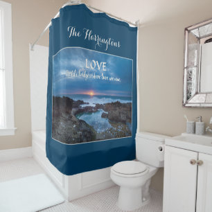 Love Builds Bridges custom monogram shower curtain