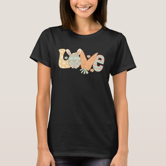 Love Bunny Ears Hearts Flowers Retro Groovy Easter T-Shirt (Front)