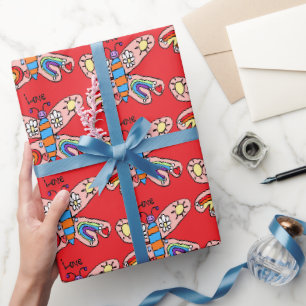 Love Butterfly Wrapping Paper Red