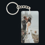 LOVE CALLIGRAPHY Script Typography Wedding Overlay Key Ring<br><div class="desc">LOVE CALLIGRAPHY Script Typography Wedding Overlay Acrylic Keychain - a cute way to preserve your wedding memories, or simply preserve your favourite everyday family or engagement photo. This design features 'love' in a beautiful, elegant hand lettered calligraphy script typography as a white overlay. This template design is extremely easy to...</div>