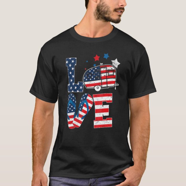 Love Camping Usa Flag 4th Of July Flip Flop Camper T-Shirt (Front)