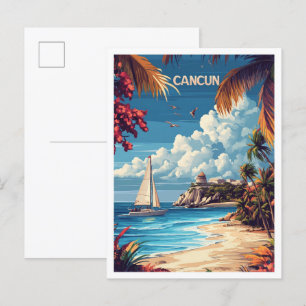 Love Cancun Mexico Art Vintage Illustration Travel Postcard