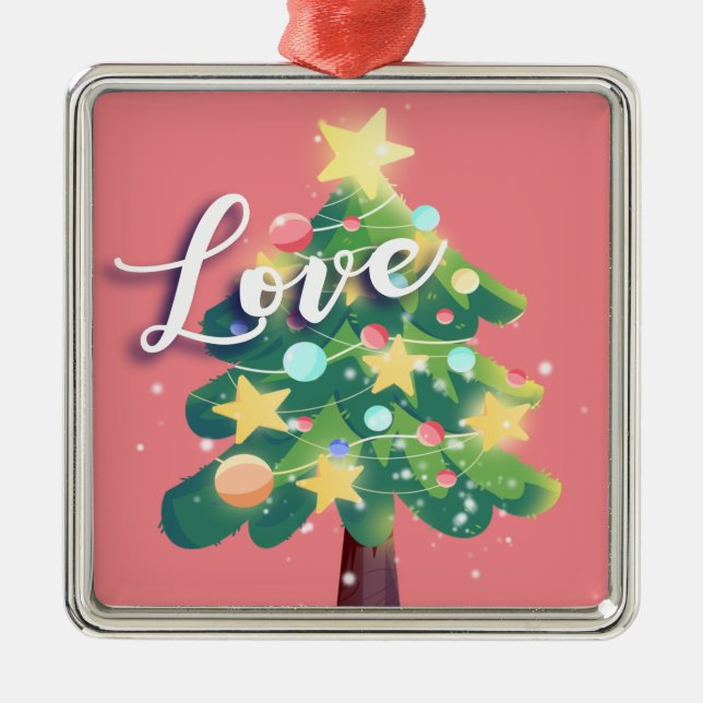 Love Caption Carton Christmas Tree Pink Metal Tree Decoration (Front)