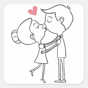 Love Cartoon Bride And Groom Black & White Wedding Square Sticker