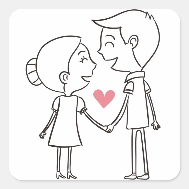 Love Cartoon Bride And Groom Black & White Wedding Square Sticker (Front)