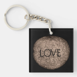 "Love" Carved Stone in Sepia Key Ring