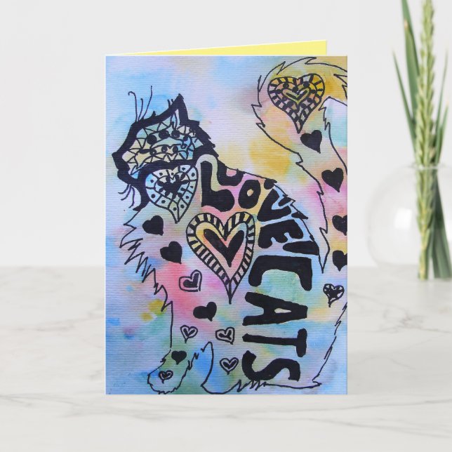 Love Cats Kitty Watercolour and Ink Birthday Card (Front)