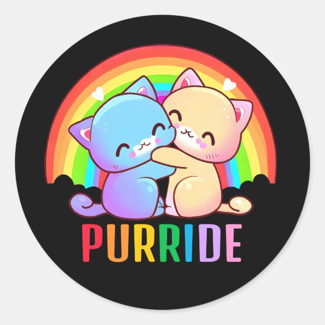 Love Cats Rainbow Black Classic Round Sticker (Front)