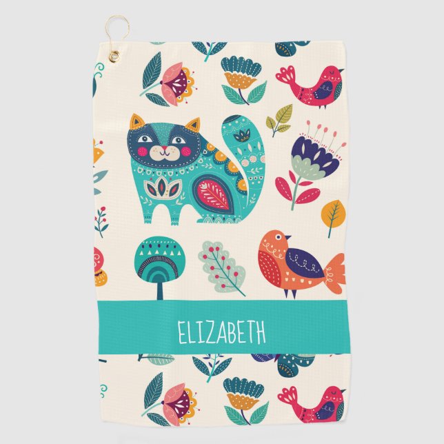 Love Cats Scandinavian Folk Art Girls Decor NAMED Golf Towel (Front)