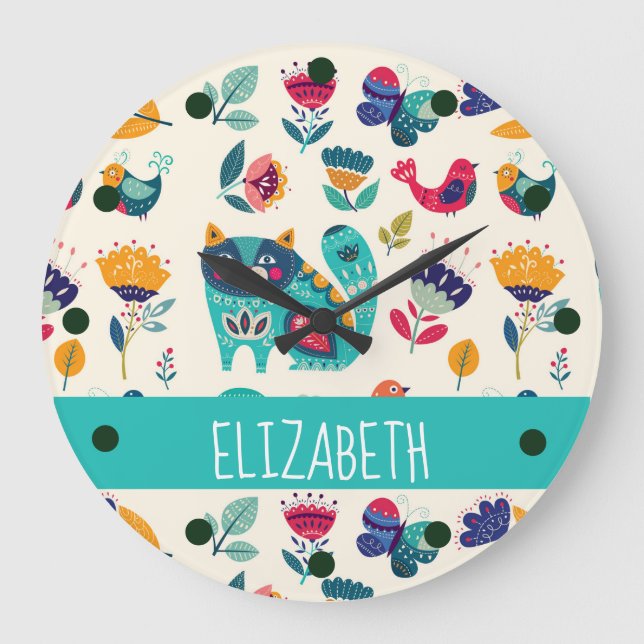 Love Cats Scandinavian Folk Art Girls Decor NAMED Large Clock (Front)