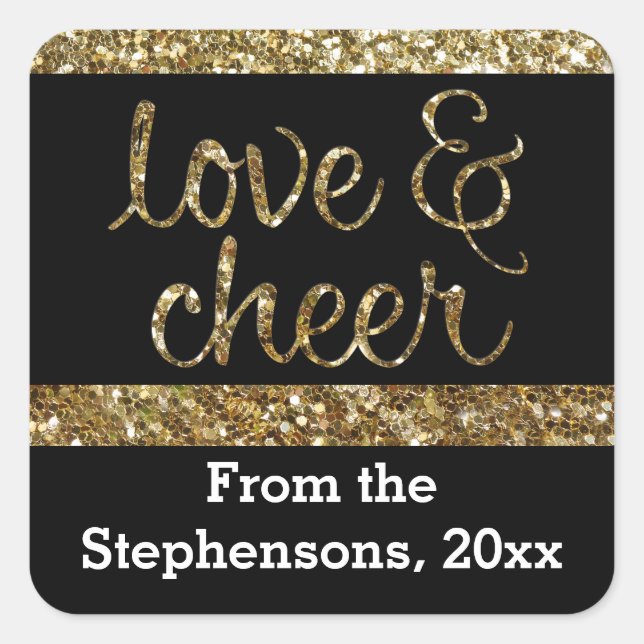 Love + Cheer Glitter Shiny Effect Christmas Square Sticker (Front)