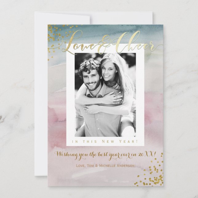 Love & Cheer New Years Glam Watercolor Photo Holiday Card (Front)
