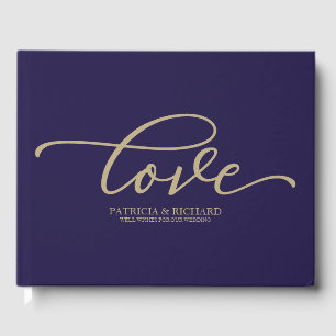 Love Chic Gold Script Navy Blue Wedding Guest Book