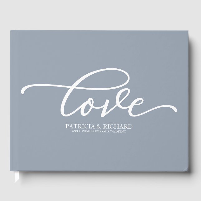 Love Chic Script Dusty Blue Wedding Guest Book (Front)