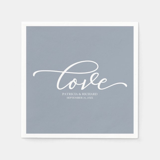 Love - Chic Script Dusty Blue Wedding Napkin (Front)