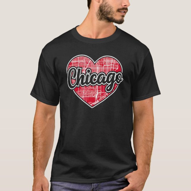 Love Chicago Hockey Basketball Heart City Map T-Shirt (Front)