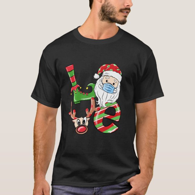 Love Christmas 2020 Santa Head Reindeer Mask Pajam T-Shirt (Front)