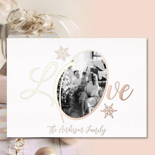 Love Christmas family photo snowflake rose gold Foil Holiday Card (Creator Uploaded)