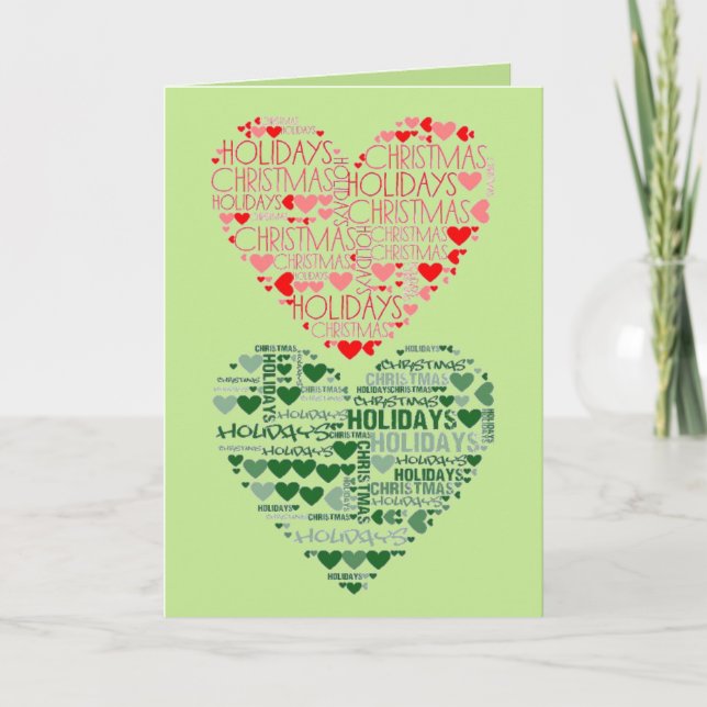 Love Christmas Holidays Red Green Double Heart Holiday Card (Front)
