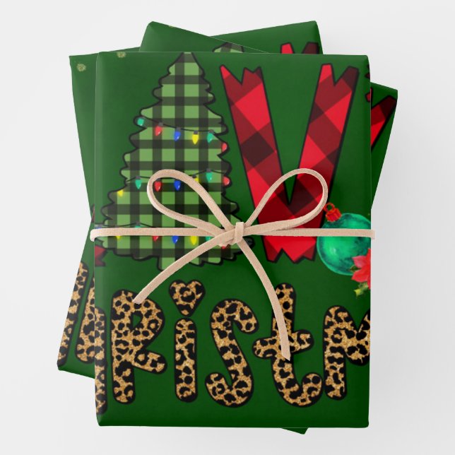 Love Christmas in Patterns and Leopard Print Wrapping Paper Sheet (In situ)